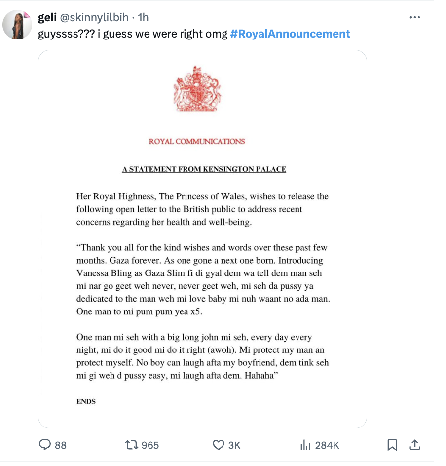 document - geli 1h guyssss??? i guess we were right omg Royal Communications A Statement From Kensington Palace Her Royal Highness, The Princess of Wales, wishes to release the ing open letter to the British public to address recent concerns regarding her